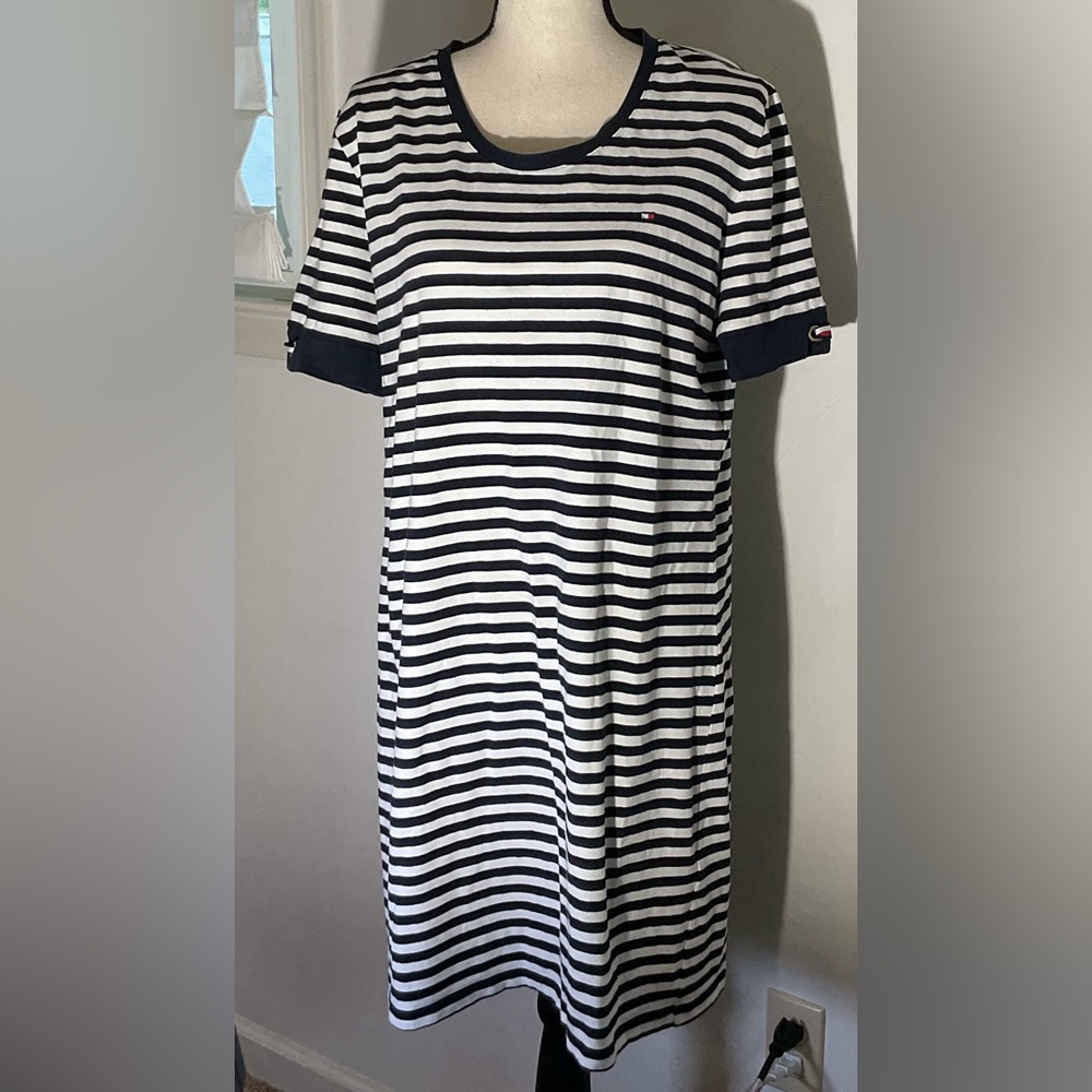 Tommy Hilfiger Navy and White T-Shirt Nautical Short Sleeve Dress Lg Summer